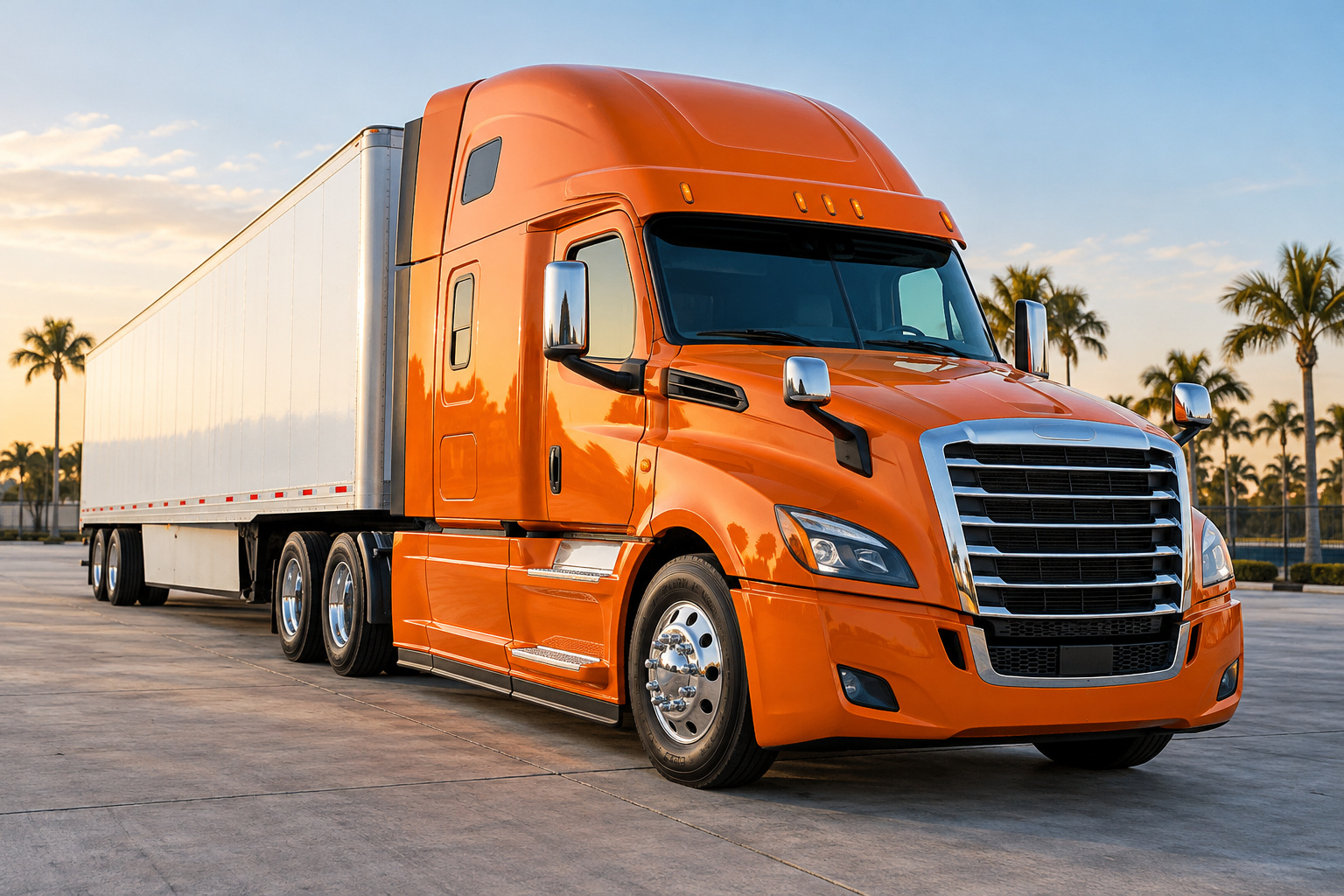 Bright orange sleeper-cab semi truck with a white trailer in a Florida trucking yard